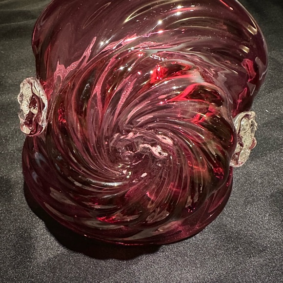 Vintage Victorian Cranberry Blown Glass Basket Clear Braided and Twisted Handle - Picture 3 of 7